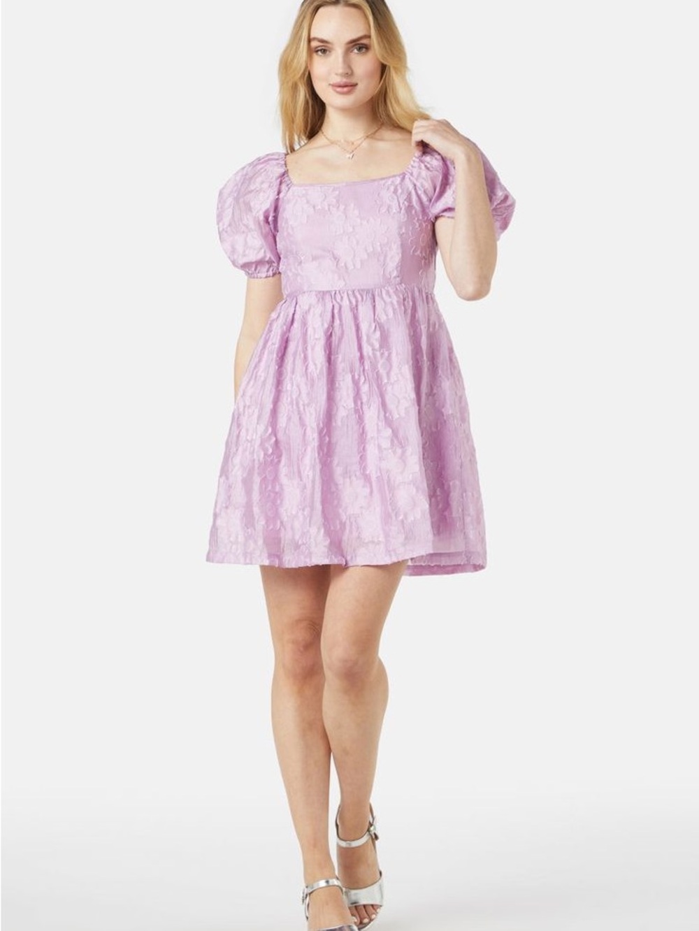 easel Lilac Puff-Sleeve Dress with Square Neckline